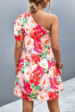 One-Shoulder Puff Floral Sleeve Dress