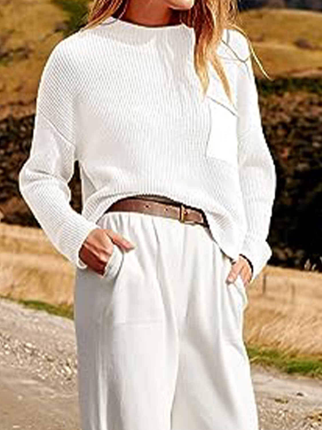 Woman wearing white color Long Sleeve Knit Top and Joggers Set