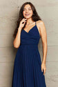 Navy Tie Back Spaghetti Strap Pleated Dress