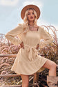 Woman wearing sand color Ruffle Trim Tie Waist Balloon Sleeve Mini Dress