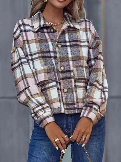 Ladies pale blush Plaid Crop Collared Neck Button Down Jacket