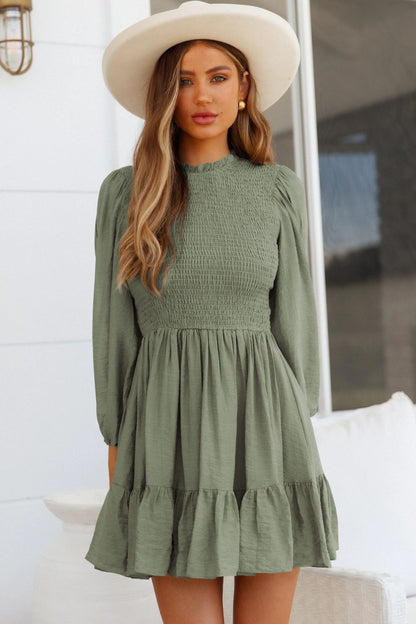 Night Out Smocked Balloon Sleeve Ruffle Hem Dress