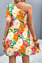 One-Shoulder Puff Floral Sleeve Dress