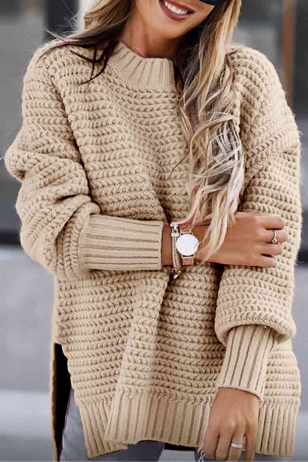 womens sand  Riding -Round- Neck -Slit -winter- fall- Sweater