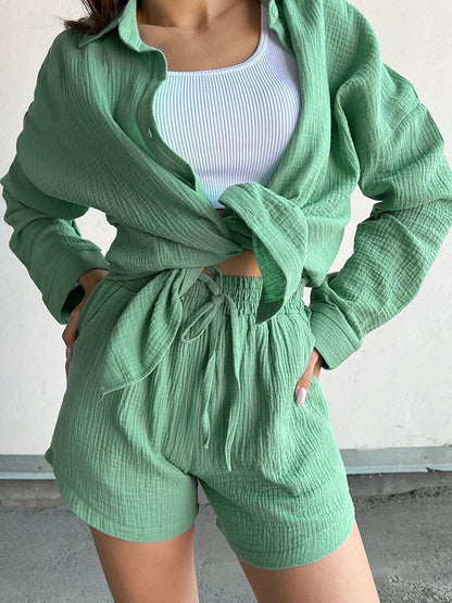 Mid Green Textured Shirt and Shorts Set