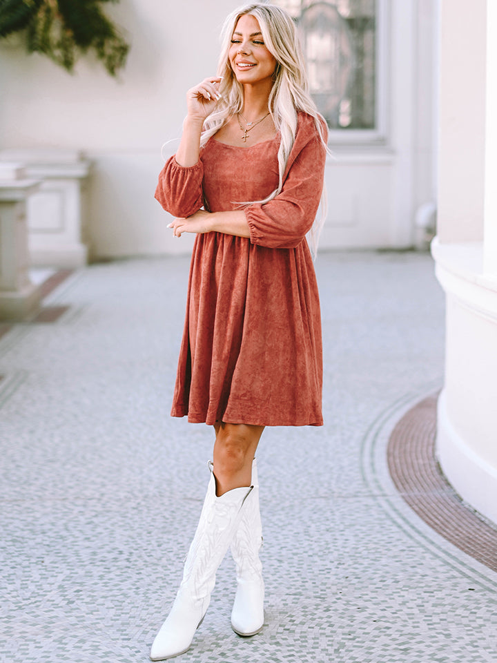 Woman wearing a Ochre -Square- Neck -Three-Quarter -Sleeve- Fall- Mini -Dress