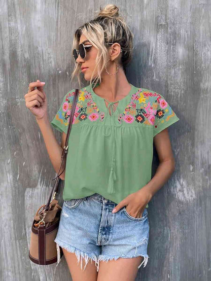 Floral Folk Printed Short Sleeve Blouse