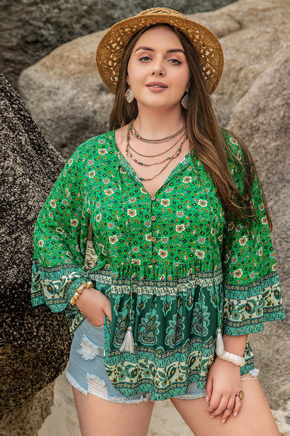 Plus Size Boho Floral Tassel Blouse