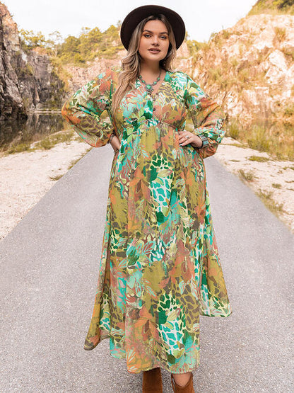 Plus Size  Mid-Green Floral V-Neck Long Sleeve Dress