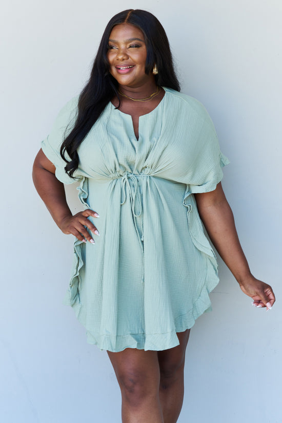 Full Size Ruffle Hem Dress with Drawstring Waistband in Light Sage