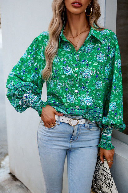 Bohemian Printe Lantern Sleeve Shirt