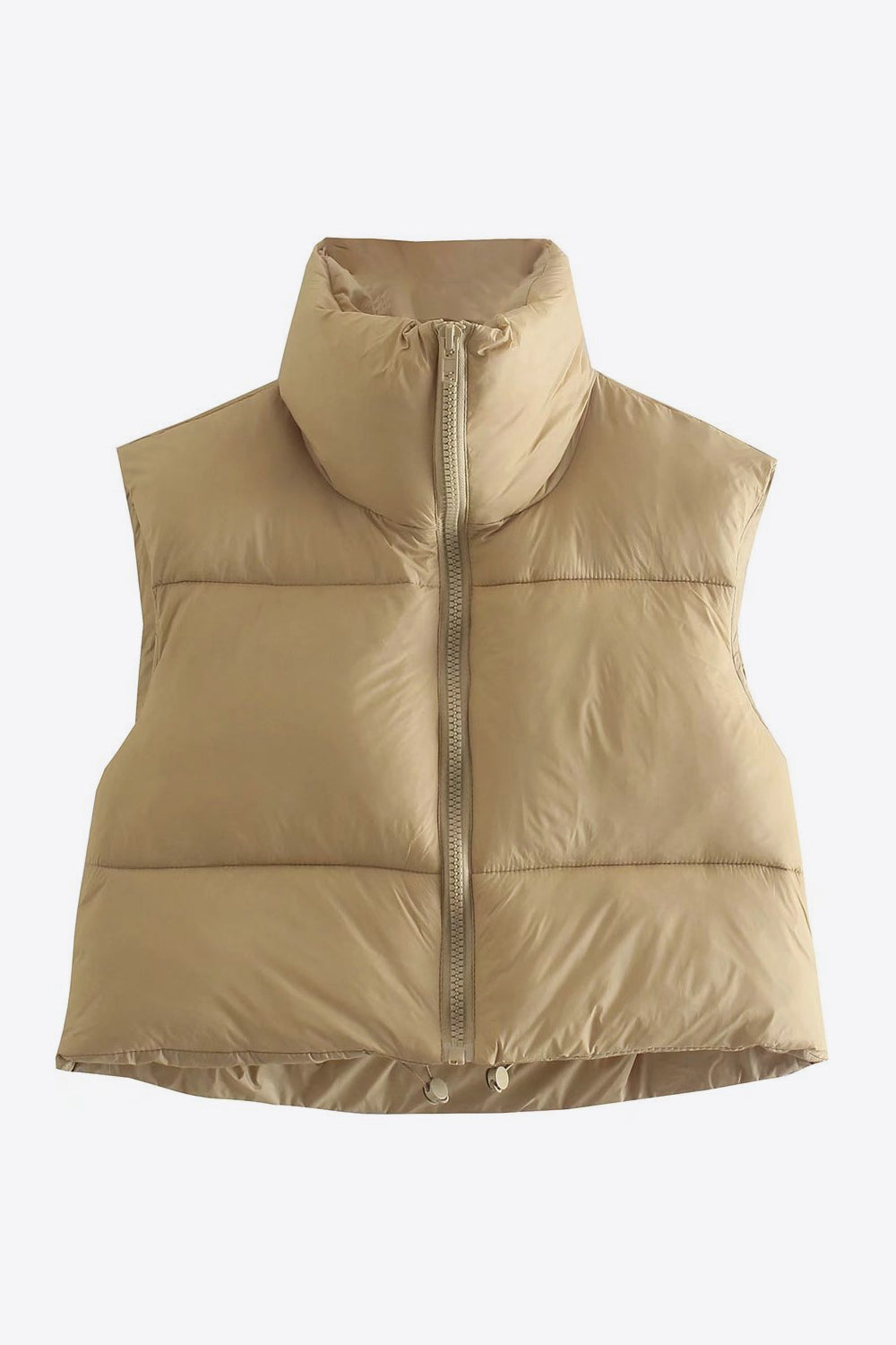 Women wearing a camel- Fall - Winter- Zip-Up -Drawstring- Puffer -Vest -sleeveless Jacket