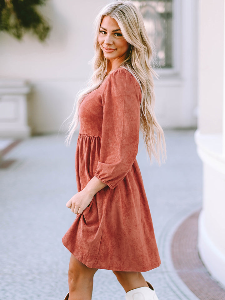 Woman wearing a Ochre -Square- Neck -Three-Quarter -Sleeve- Fall- Mini -Dress