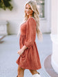 Woman wearing a Ochre -Square- Neck -Three-Quarter -Sleeve- Fall- Mini -Dress