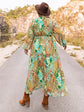 Plus Size  Mid-Green Floral V-Neck Long Sleeve Dress