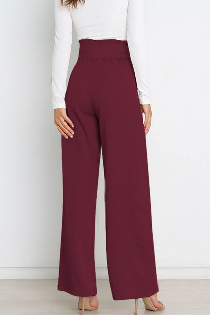 women wearing wine Tie Front Paperbag Wide Leg Pants