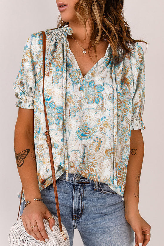 Multicolor Print Tie Neck Top