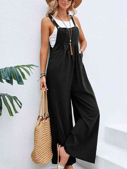 women wearing black Full Size Wide Leg Overalls with Pockets