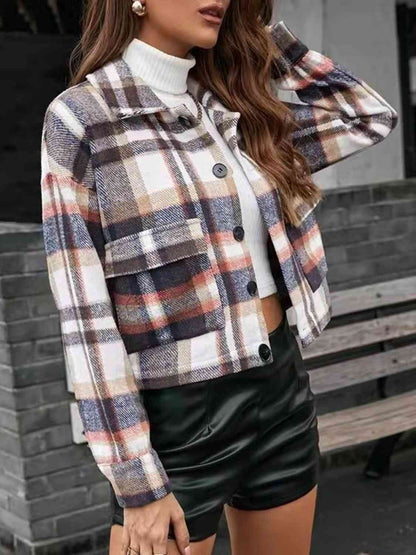 Plaid Crop Collared Neck Button Down Jacket