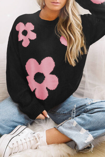 Floral Pattern Color Contrast  Design Long Sleeve Sweater