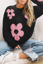 Floral Pattern Color Contrast  Design Long Sleeve Sweater