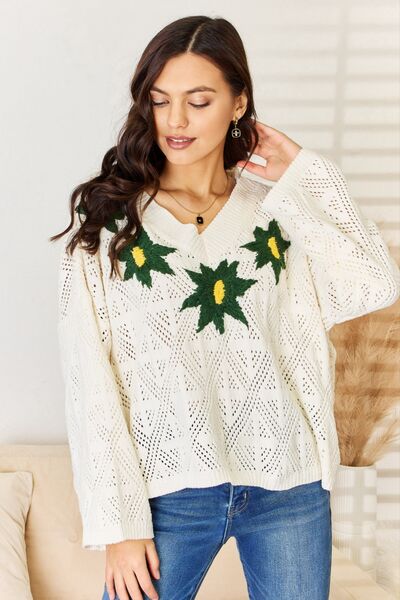 Embroidered Creme Floral Pattern V-Neck Sweater