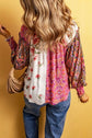 Plus Size - Frill Printed V-Neck Long Sleeve Blouse