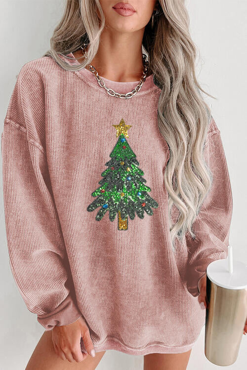 Dusty Pink Sequin Christmas Tree Drop Shoulder Sweatshirt